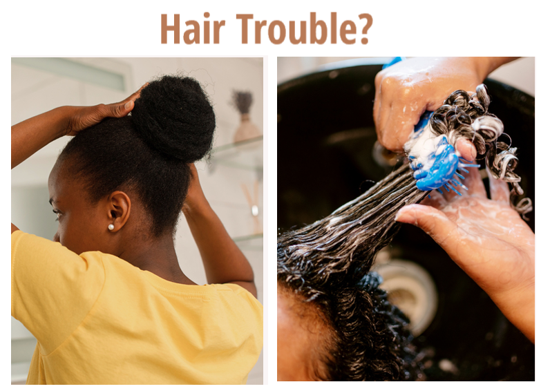 Black woman looking at the ends of her hair